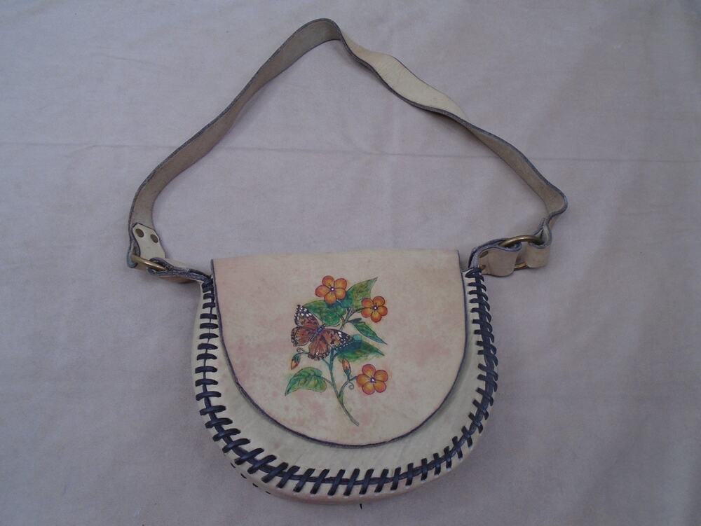 Vintage Hand Tooled Leather Flap Purse Ivory Floral Painted Handmade Thick
